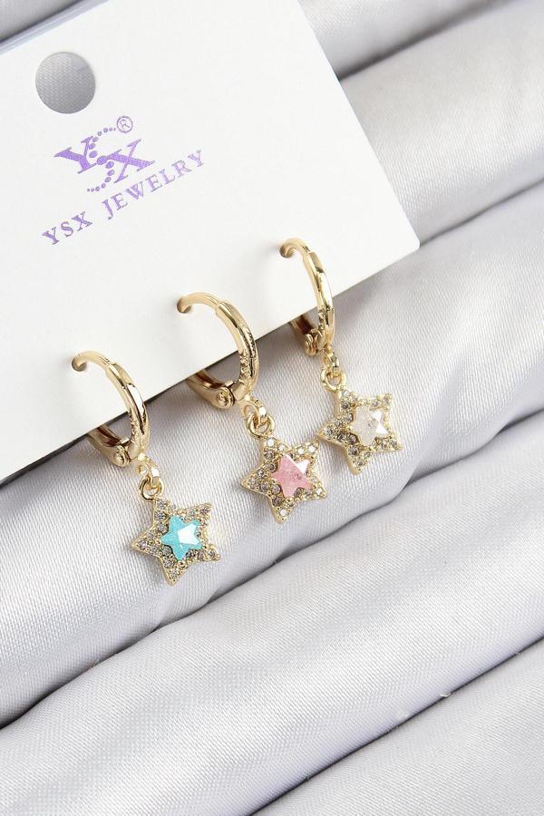 Pirinç Zirkon Taşlı 3 lü Renkli Yıldız Model Gold Renk Kadın Küpe - Image 1