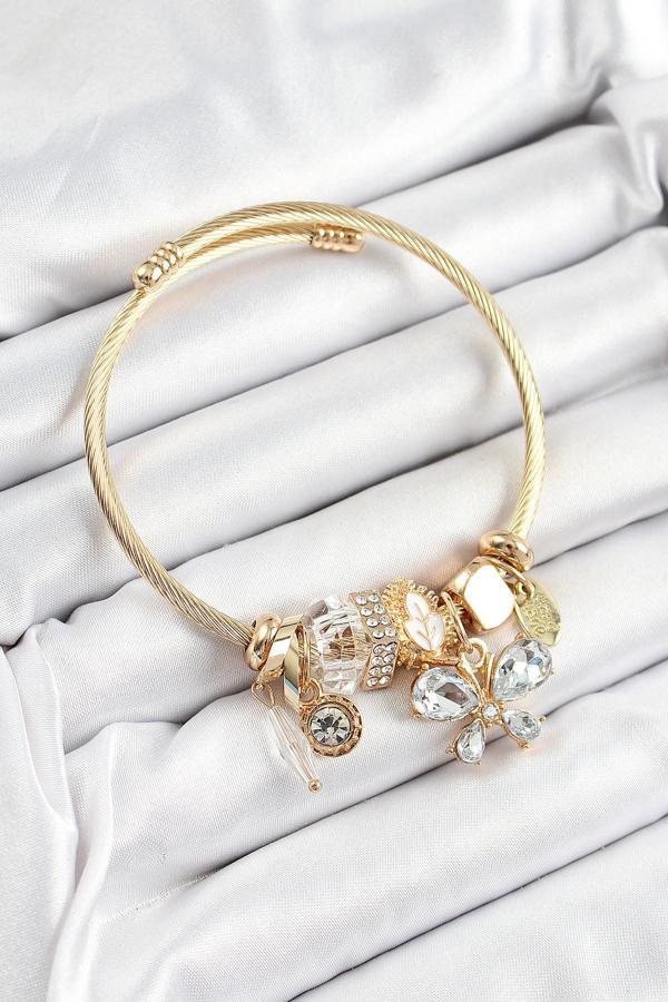 316L Çelik Beyaz Zirkon Taşlı Kelebek Model Gold Renk Charm Bileklik - Image 1