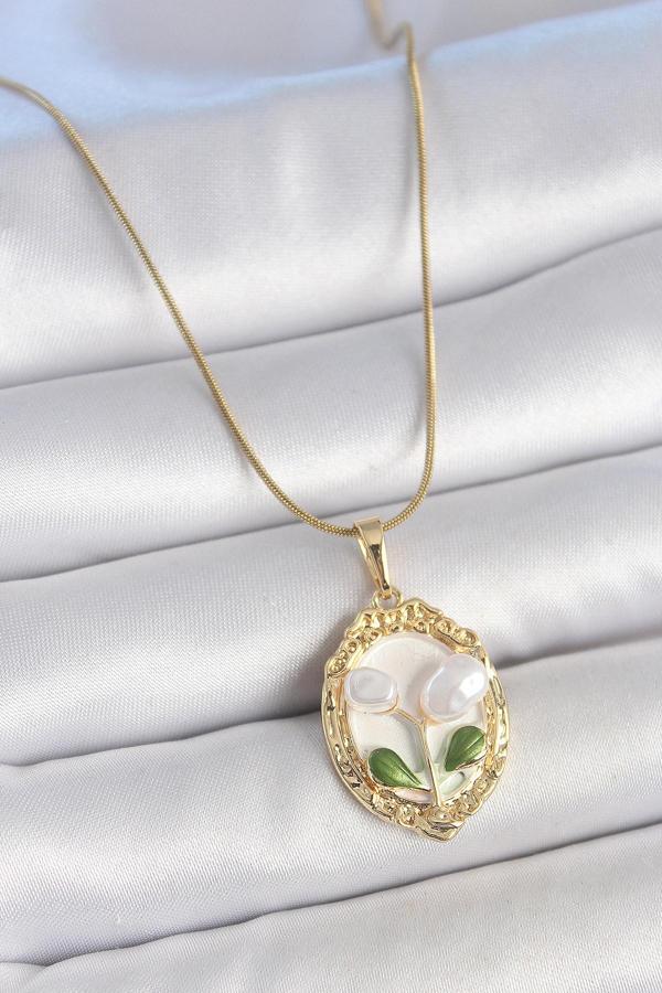 316L Çelik Gold Renk Zincir Beyaz Mineli İncili Çiçek İşlemeli Portre Model Kadın Kolye - Image 1