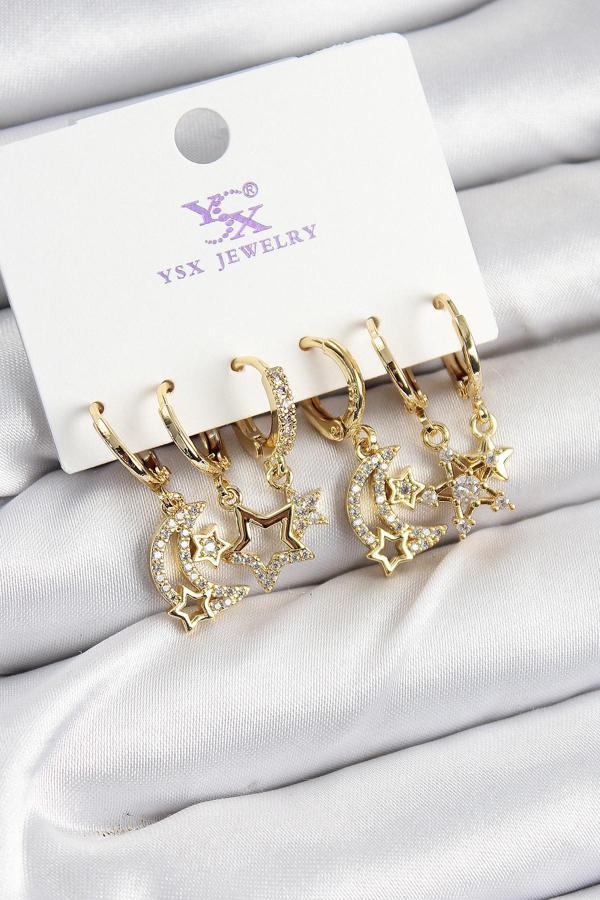 Pirinç Zİrkon Taşlı Ay ve Yıldız Model Gold Renk 3 lü Çift Kadın Küpe - Image 1