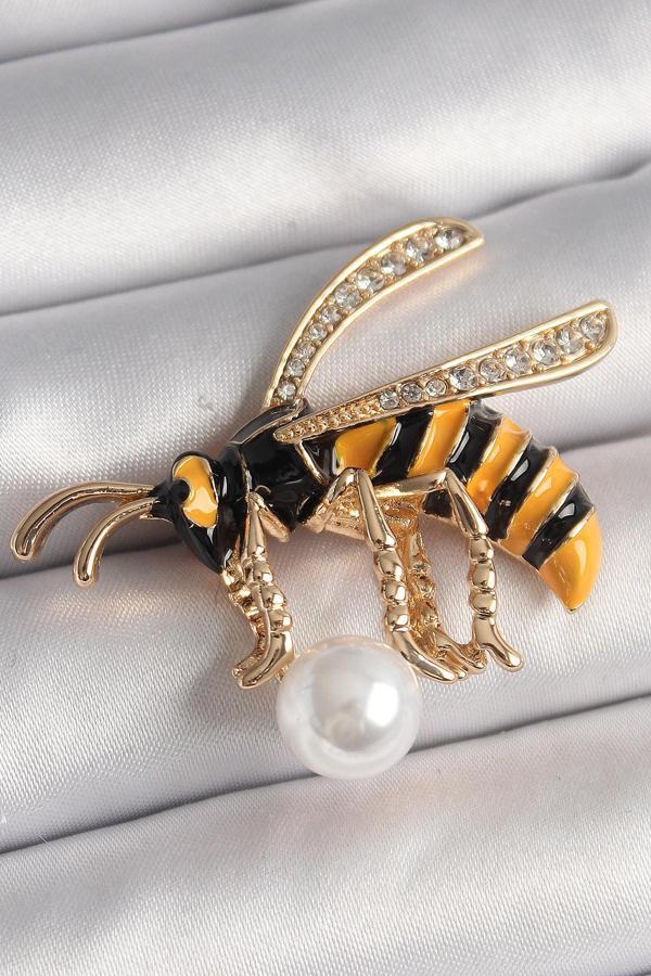 Pirinç Gold Renk Zirkon Taş Detaylı Arı Model Kadın Broş - Image 1
