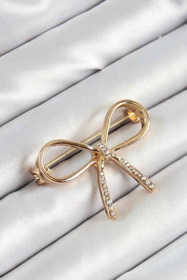 Zirkon Taş Detaylı 3D Fiyonk Figürlü Gold Renk Kadın Broş - Image 1