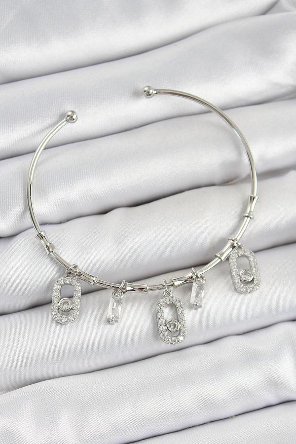 Pirinç Zirkon Taşlı Dikdörtgen Model Gümüş Renk Charm Bileklik - Image 1