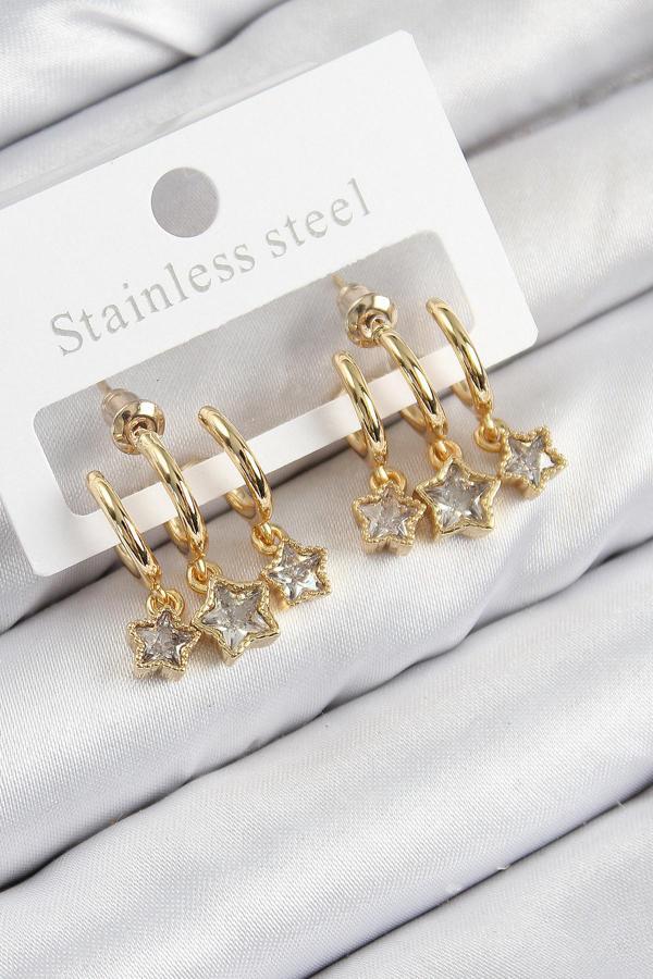 Pirinç Zirkon Taşlı Sallantılı Yıldız Model Gold Renk Kadın Küpe - Image 1
