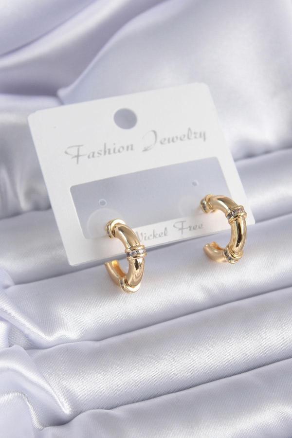 Gold Renk Zirkon Taş Detay Halka Model Pirinç Kadın Küpe - Image 1