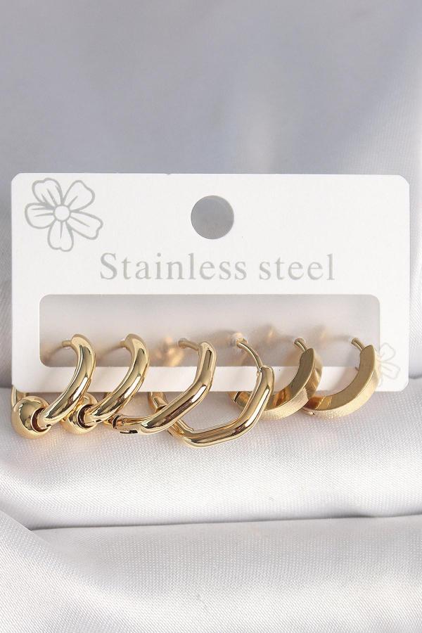 316L Çelik Gold Renk Altıgen Halka Model Kadın Küpe Seti - Image 1