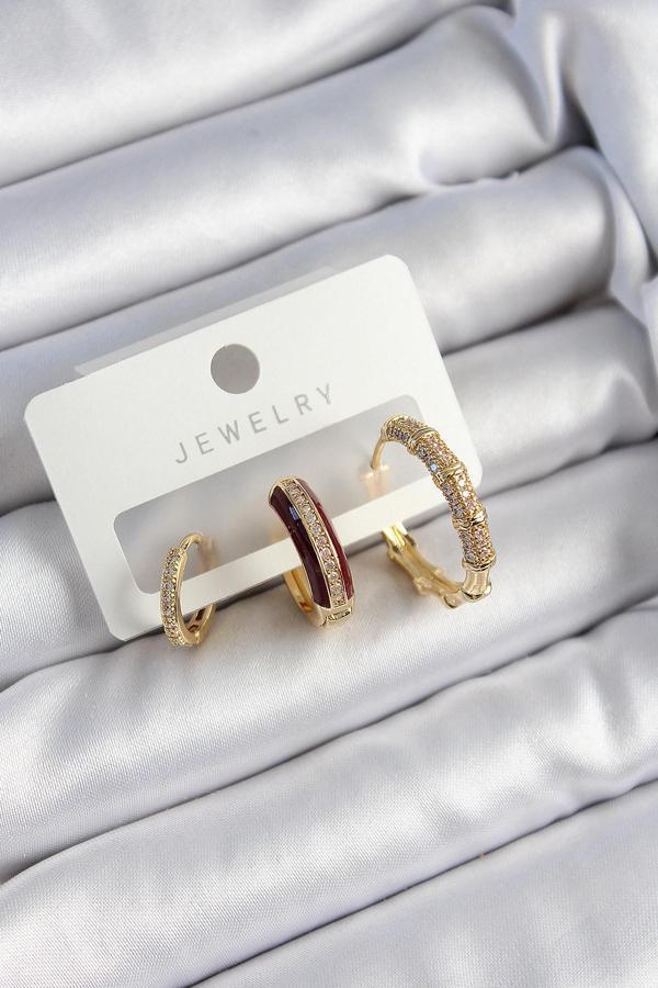 Pirinç Zirkon Taşlı Bordo Halka Model Gold Renk 3 lü Çift Kadın Küpe Set - Image 1