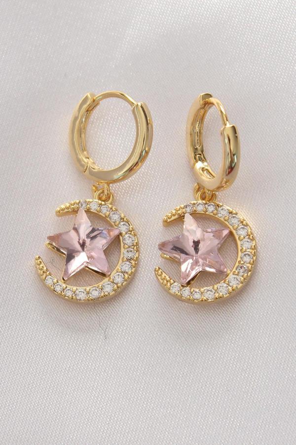 Pirinç Gold Renk Pembe Zirkon Taşlı Yıldız Detay Ay Küpe - Image 1