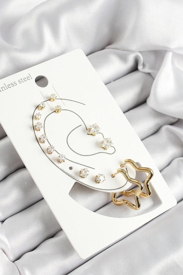 316L Çelik Yıldız Figürlü Ve Zirkon Taşlı Gold Renk 7 li Çift Kadın Küpe Set - Image 1