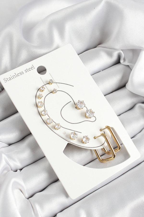316L Çelik Dikdörtgen Figürlü Ve Zirkon Taşlı Gold Renk 7 li Çift Kadın Küpe Set - Image 1