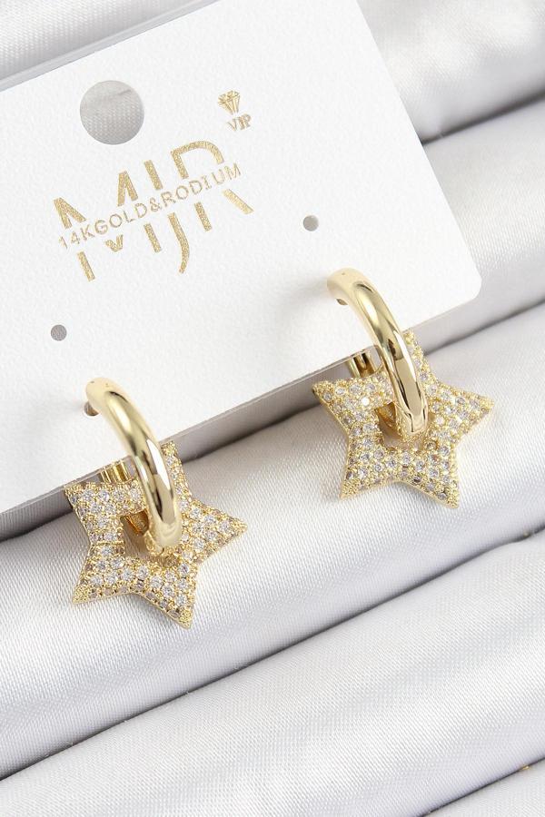 Pirinç Zirkon Taşlı Yıldız Figürlü Halka Model Gold Renk Kadın Küpe - Image 1