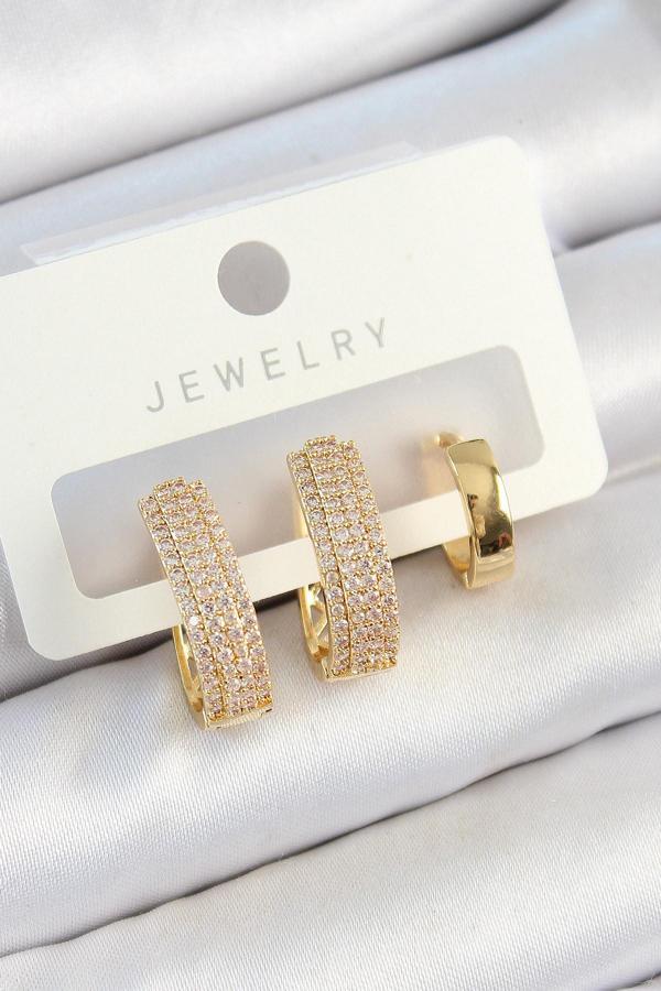 Pirinç Zirkon Taşlı Damla Model Gold Renk 3 lü Çift Kadın Küpe Set - Image 1