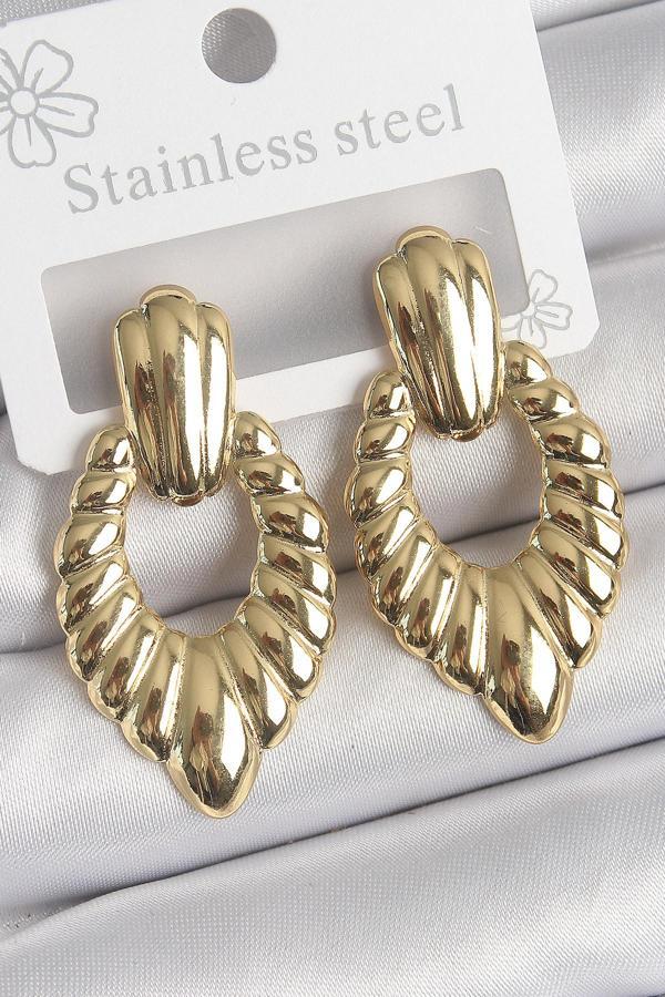 316 Çelik Gold Renk İşlemeli Motiif Model Kadın Küpe - Image 1