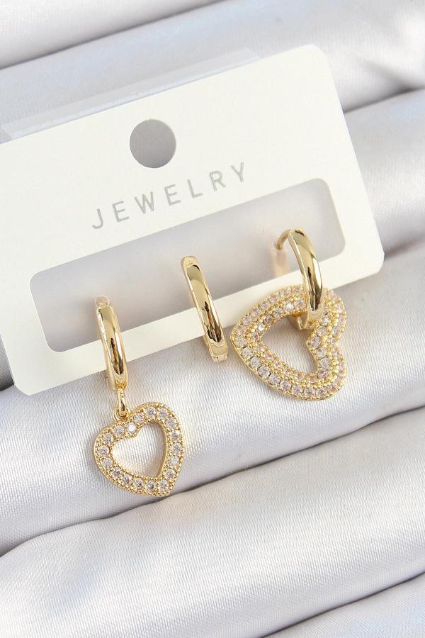 Pirinç Zirkon Taşlı Kalp Model Gold Renk 3 lü Çift Kadın Küpe Set - Image 1