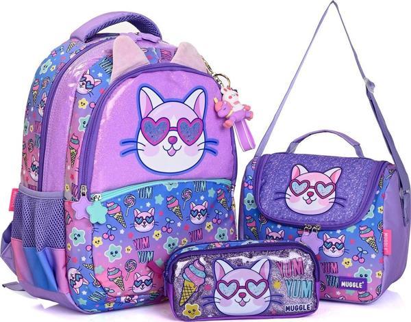 Muggle Mu-5802 Mor Kedi Desenli Okul Çanta Seti 3'lü – Sırt Çantası, Beslenme Çantası ve Kalemlik - Image 1
