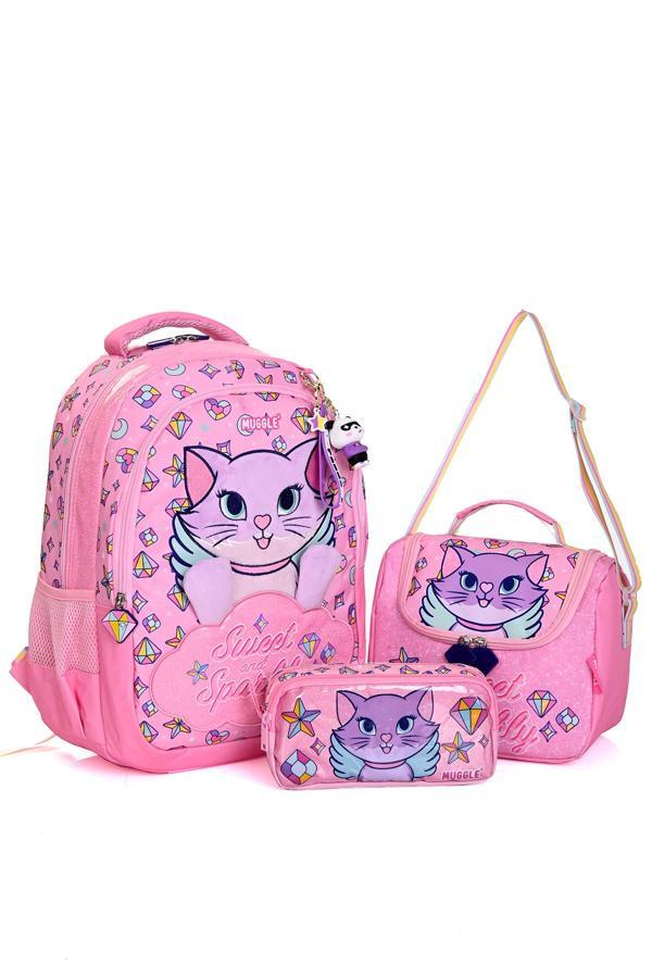 Muggle Mu-5796 Pembe Kedi Desenli Okul Çanta Seti 3'lü – Sırt Çantası, Beslenme Çantası ve Kalemlik - Image 1