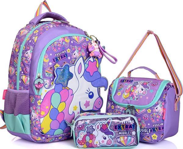 Muggle Mu-5719 Unicorn Desenli Okul Çanta Seti 3'lü – Sırt Çantası, Beslenme Çantası ve Kalemlik - Image 1