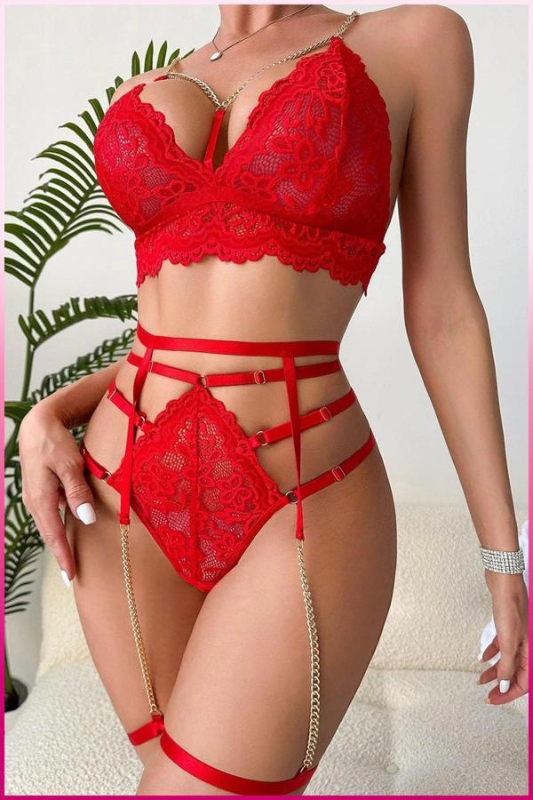 Kırmızı Dantelli Gold Zincirli Seksi Jartiyer Takım - Image 1