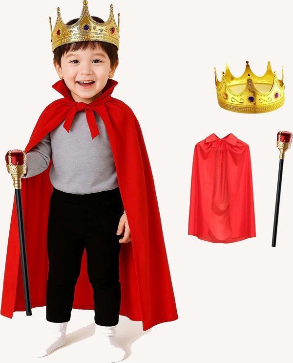 Çocuk Kral Kostüm Seti – Kırmızı Pelerin, Taç ve Asa (90 cm) - Image 1