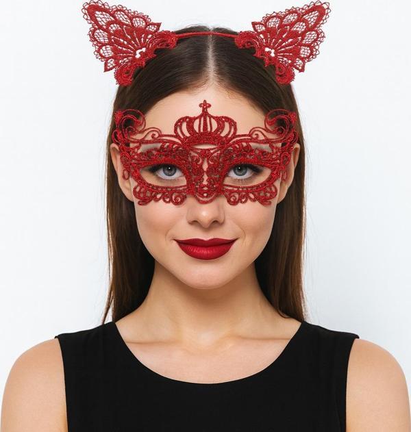 Lüks Kırmızı Dantel Taçlı Maske Seti 2 No - Parti, Balo, Kostüm Aksesuarı - Image 1
