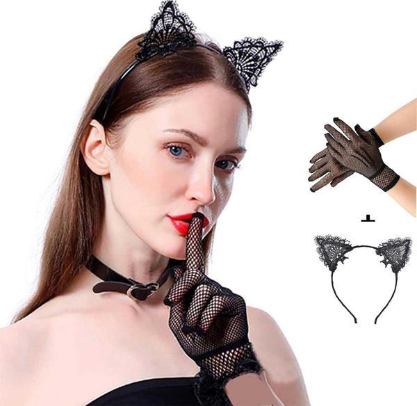 Siyah Kedi Dantel Taç + Eldiven Seti – Parti, Dans ve Kostüm Kombini - Image 1