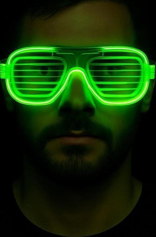 Yeşil LED Işıklı Parti Gözlüğü – Neon Glow Şerit Gözlük 3 Modlu - Image 1