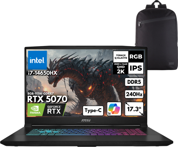 MSI KATANA 17 HX i7-14650HX 32GB 4 TBSSD RTX5070 (8GB-115W) 17.3" 2K QHD 240Hz Win10 Pro + Sırt Ç. B14WGK-046XTRHMF57 - Image 1