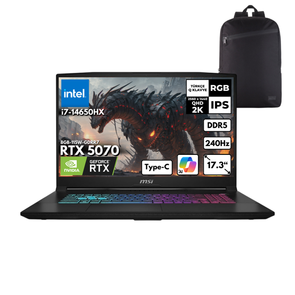 MSI KATANA 17 HX i7-14650HX 64GB 1 TBSSD RTX5070 (8GB-115W) 17.3" 2K QHD 240Hz Win11 Pro + Sırt Ç. B14WGK-046XTRHMF18 - Image 1