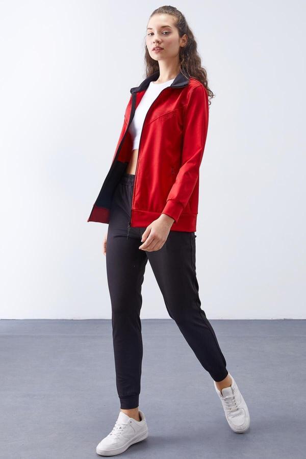 Kırmızı - Siyah Dalgıç Kumaş Standart Kalıp Jogger Kadın Eşofman Takımı - 95273 - Image 1