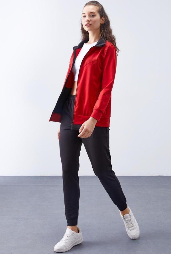 Kırmızı - Siyah Dalgıç Kumaş Standart Kalıp Jogger Kadın Eşofman Takımı - 95273 - Image 1