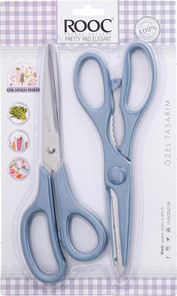 Rooc Premium Serisi Ergonomik Saplı Çelik Gıdaya Temasa Uygun 2'li Mutfak Makası, Mavi - Image 1
