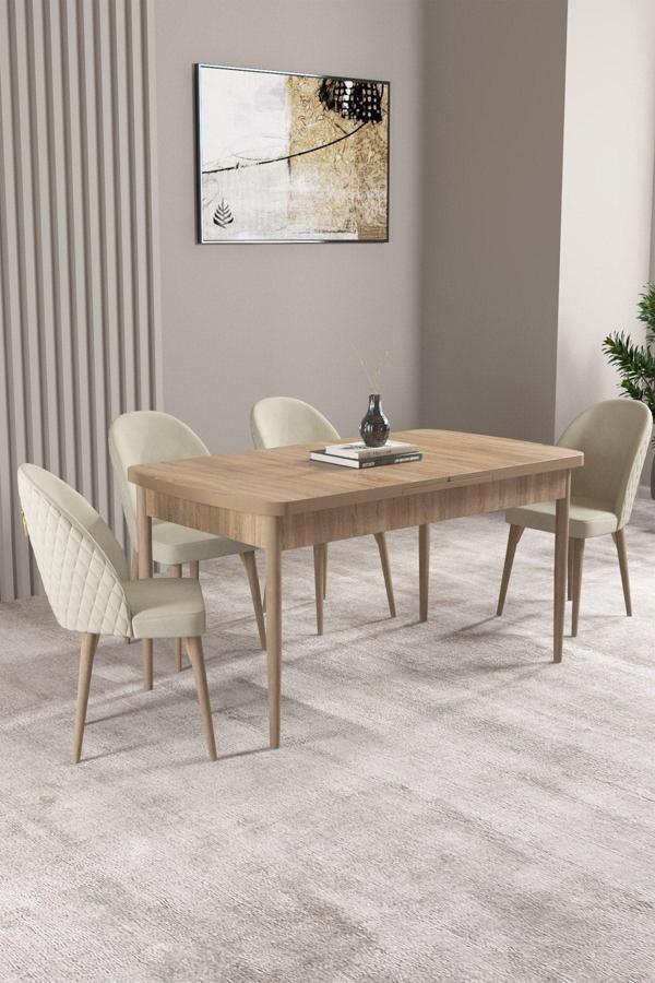 Milas Meşe Desen 80x132 Açılabilir Mdf Masa Yemek Odası Takımı, Mutfak Takımı 4 Adet Sandalye - Image 1