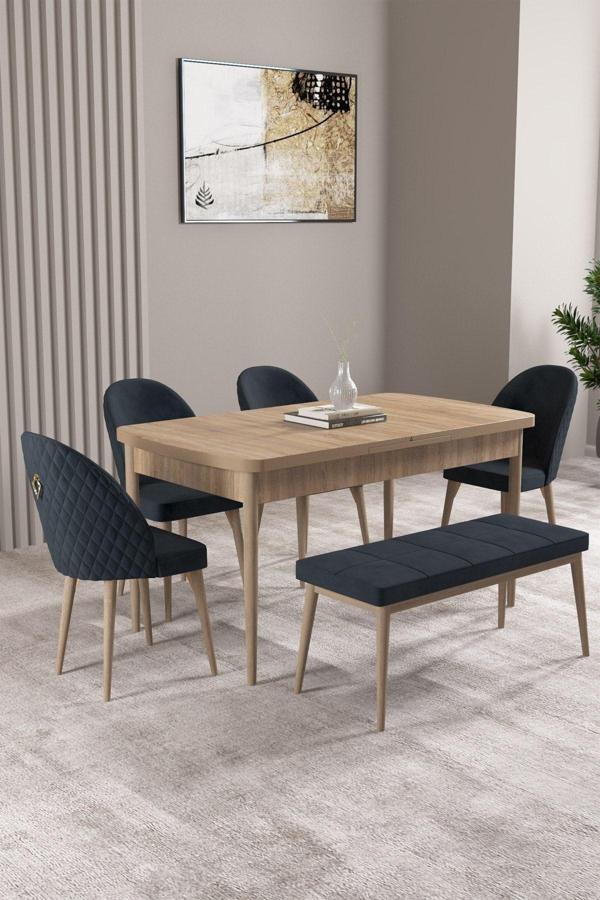 Milas Meşe Desen 80x132 Açılabilir Mdf Masa Yemek Odası Takımı, Mutfak Takımı 4 Sandalye, 1 Bench - Image 1