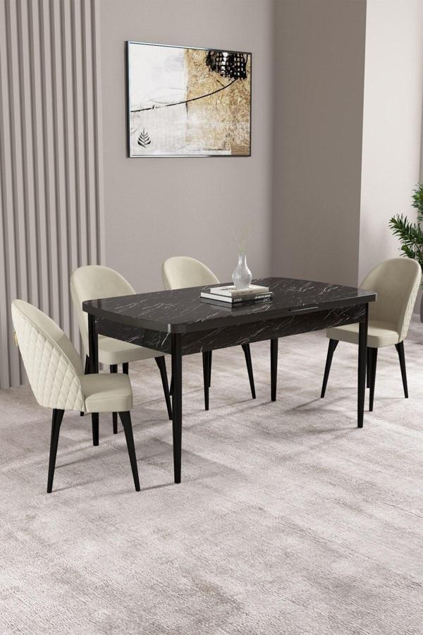 Milas Siyah Mermer Desen 80x132 Açılabilir Mdf Masa Yemek Odası Takımı,Mutfak Takımı 4 Adet Sandalye - Image 1