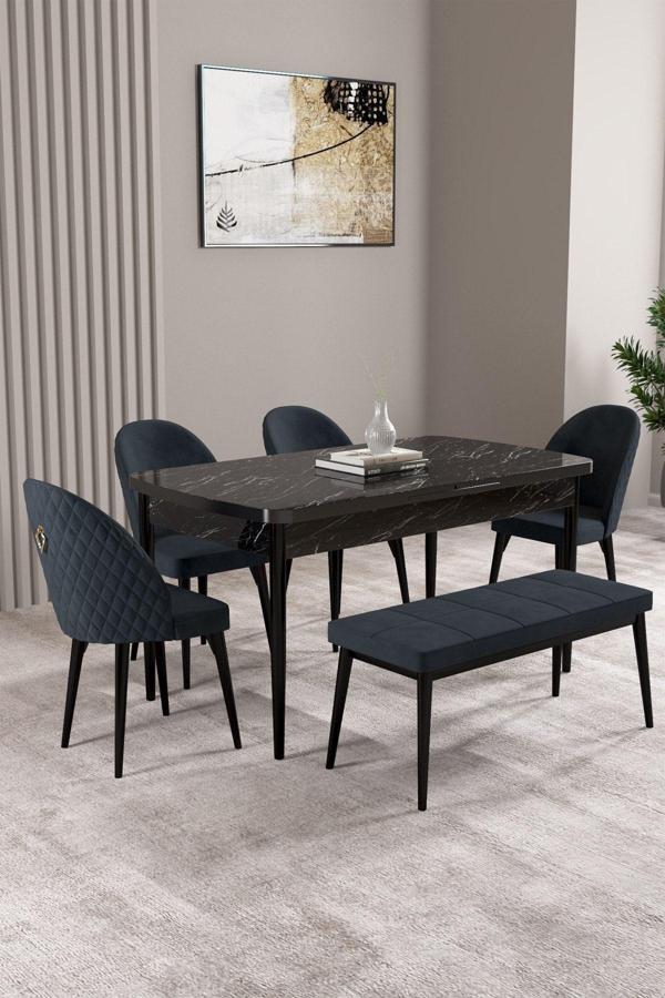 Milas Siyah Mermer Desen 80x132 Açılabilir Mdf Masa Yemek Odası Takımı,Mutfak Takımı 4 Sandalye, 1 B - Image 1