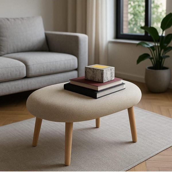 Evreka Modern Çok Amaçlı Bej Teddy Kumaş Tabure & Puf Ahşap Ayaklı Sehpa – Oturma – Dekoratif - Image 1