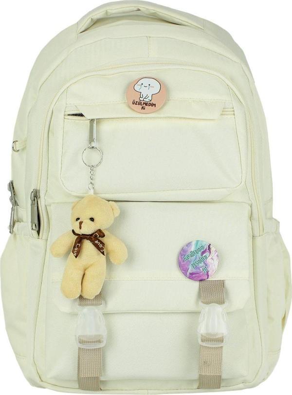 Dada Bej Kore Sırt Çantası Çift Bölmeli Yandan Cepli Sırt Destekli Aksesuar Ve Oyuncaklı - Image 1