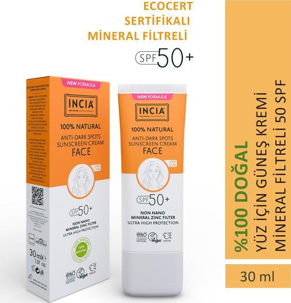 %100 Doğal Yüz Güneş Kremi Leke Karşıtı Aydınlatıcı Mineral Filtre UVA1 UVA2 UVB SPF 50+ 30 ml - Image 1