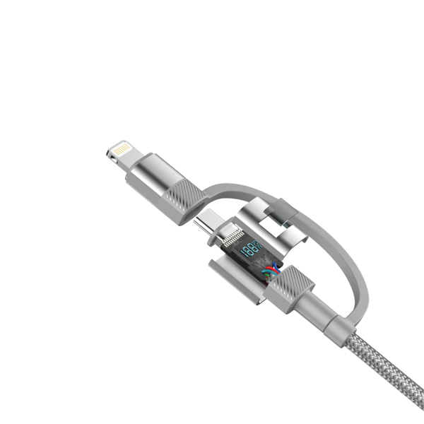 CROCUS FORCELİNE 100W DİGİTAL DİSPLAY USB-C 4 İN 1 SÜPER HIZLI ÖRGÜLÜ ŞARJ VE DATA KABLOSU-GRİ - Image 1