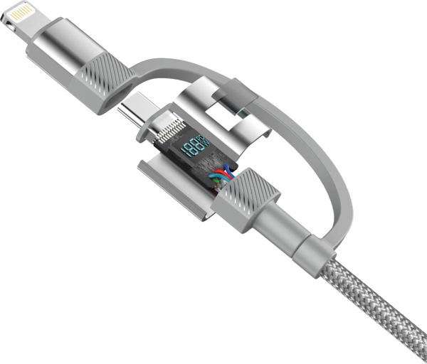 CROCUS FORCELİNE 100W DİGİTAL DİSPLAY USB-C 4 İN 1 SÜPER HIZLI ÖRGÜLÜ ŞARJ VE DATA KABLOSU-GRİ - Image 1