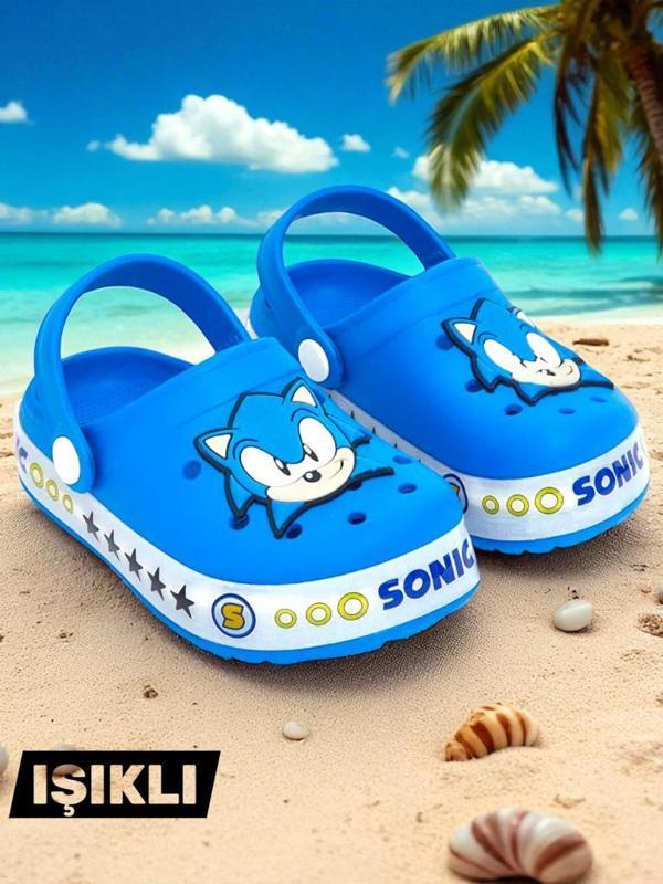 Erkek Çocuk Kaymaz Taban Sonic Figürlü Işıklı Plaj Havuz Terliği Sandaleti  - Image 1