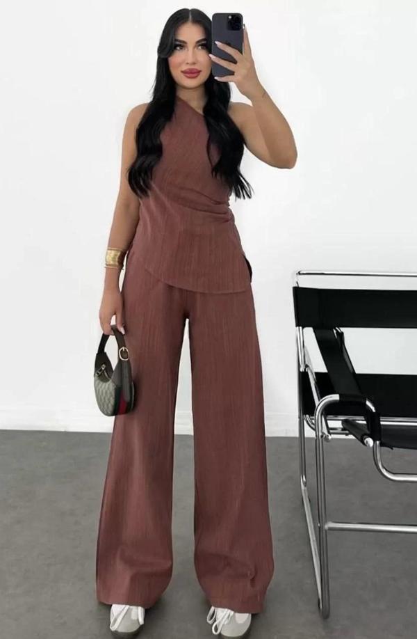 Kadın Keten Asimetrik Tek Omuzlu Bluz Pantalon Takım- Bordo - Image 1