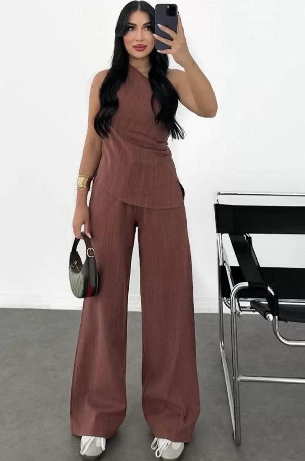 Kadın Keten Asimetrik Tek Omuzlu Bluz Pantalon Takım- Bordo - Image 1