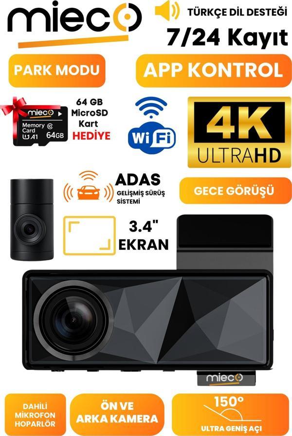 A11 Wifi/ 4K UHD/ 150° Ultra Geniş Açı/ GPS/ ADAS/ Ön+Arka Araç Kamerası (2025)+Hafıza Kartı Hediye - Image 1