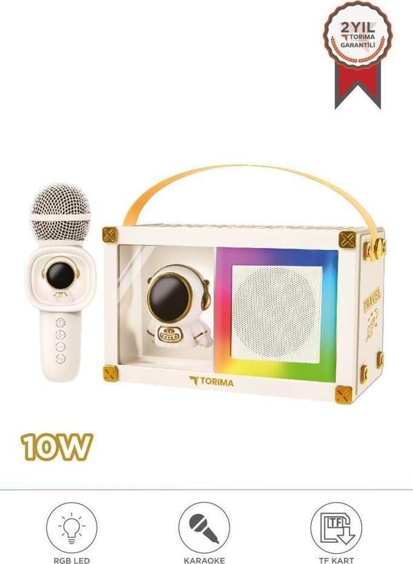 Torima KIDMIC-06 Beyaz RGB Astronot Figürlü Mikrofonlu Karaoke Bluetooth Hoparlör - Image 1