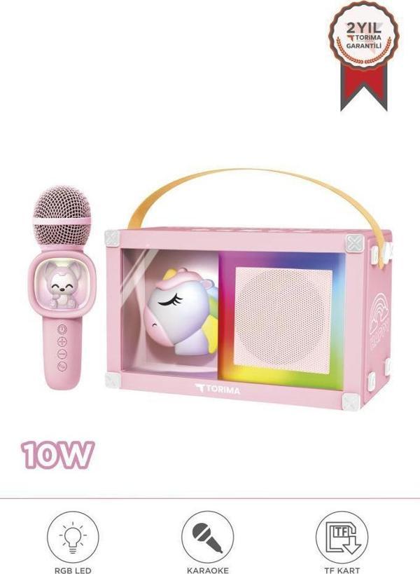 Torima KIDMIC-07 Pembe RGB Unikorn Figürlü Mikrofonlu Karaoke Bluetooth Hoparlör - Image 1