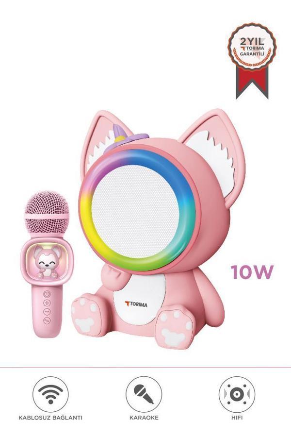 Torima KIDMIC-04 Pembe RGB Sevimli Figürlü Mikrofonlu Karaoke Bluetooth Hoparlör - Image 1