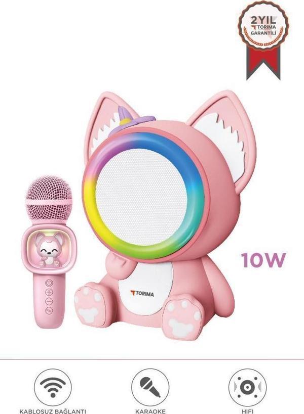 Torima KIDMIC-04 Pembe RGB Sevimli Figürlü Mikrofonlu Karaoke Bluetooth Hoparlör - Image 1