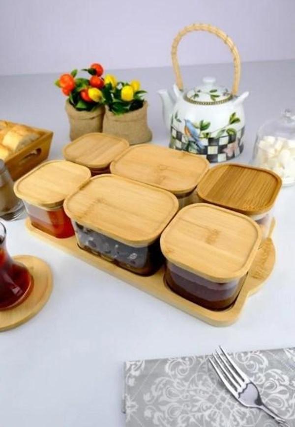 Bambu Kapaklı 6’lı Cam Kahvaltılık Vakumlu Kapak Borosilikat Kahvaltı Seti - Image 1
