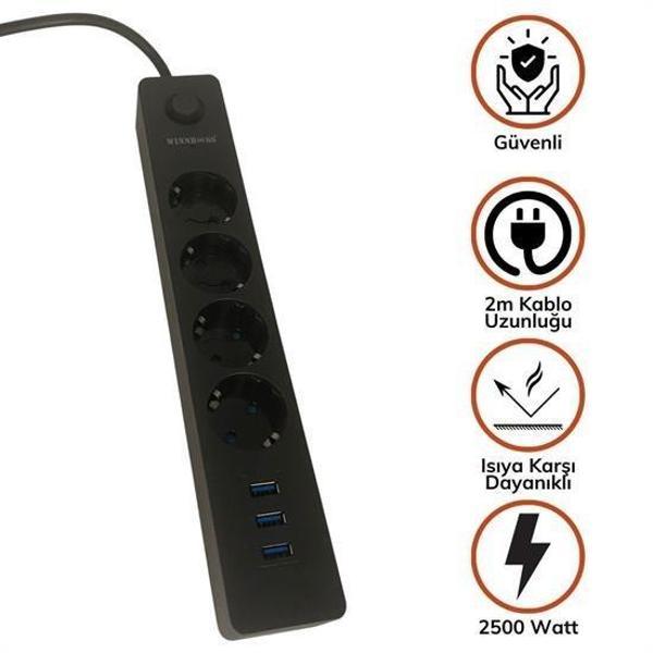 Termak Akım Korumalı 4 Priz 3 USB Girişli Uzatma Kablosu Güç&Şarj - Image 1